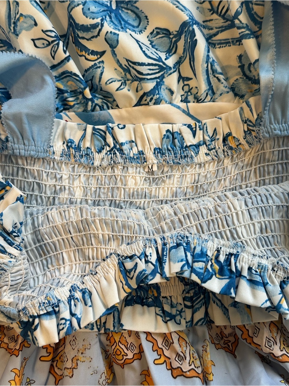 Smocked Tie-Shoulder Maxi Dress in Blue & Cream - Picture 4 of 5